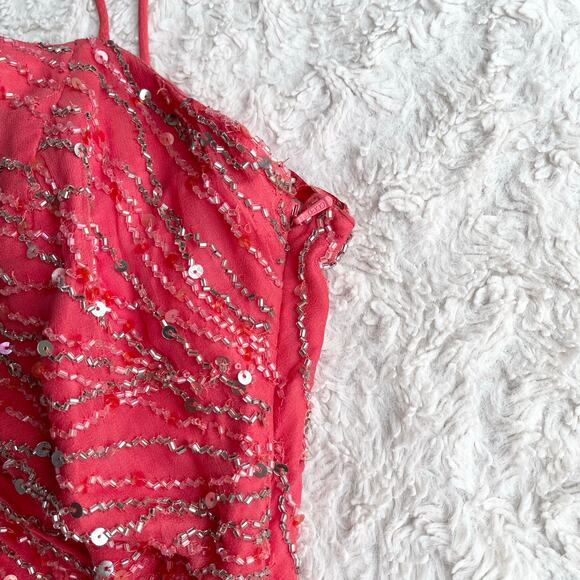 Scala prom dress coral pink 100% silk‎ ruffle hem slip gown beaded sequin formal - Picture 7 of 17